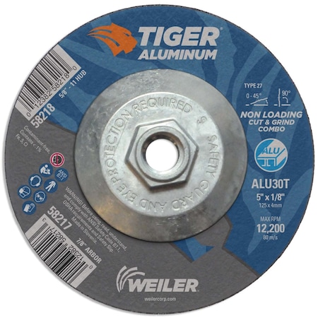 Weiler 5 in Dia, 1/8 in Thick, 5/8 in-11 UNC Arbor Hole Size, Aluminum Oxide, 30 Grit 58218
